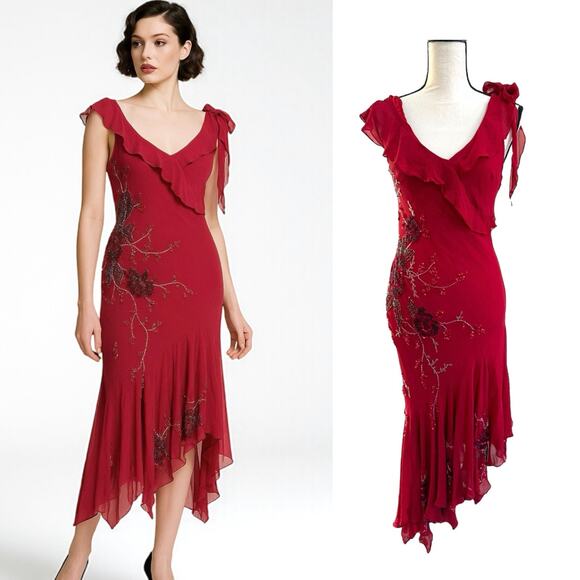 Sue Wong Dresses & Skirts - FLAWED Vintage Sue Wong Y2K Red Beaded Embroidered Asymmetrical Dress 12 S XS